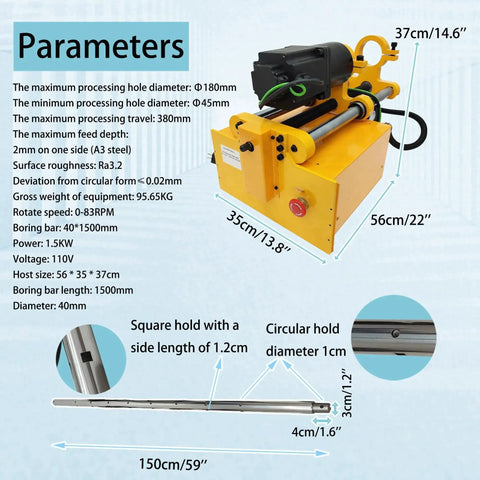 Pro-Grade Portable Precision Boring Machine with parameters including bore size 45-180mm, 150cm bar length for heavy machinery.