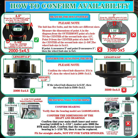 Guide for measuring trailer hub fit, comparing 2000 5x4.5 and 3500 5x5 hubs with details on bolt patterns, dimensions, bearings.