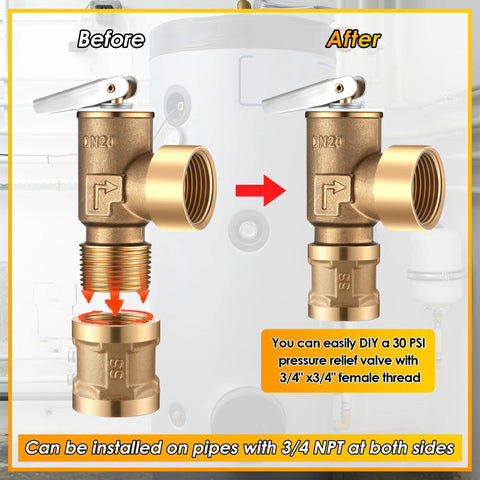 Gulfmew 30 PSI brass pressure relief valve with 3/4 NPT female thread adapter, brass body, front view.