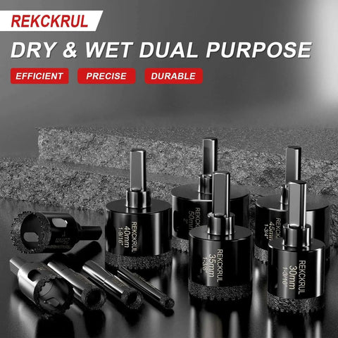 Diamond Hole Saw Set 10 Pieces Serrated Brazing Core Drill Bits For Ceramic Glass Tile Granite And Marble Dry And Wet Dual Use Professional Tile Drilling Kit REKCKRUL displayed on a reflective surface with rough stone background.