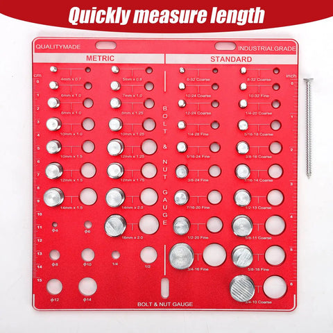 34 Bit Nut And Bolt Thread Checker Kit With 19 Standard And 15 Metric Sizes, Pro Grade, Wall Mounted And Hand Held Thread Gauge Sizing Tool, Nut And Bolt Chart, 8.07 Inch Red, top view showing various sizes.