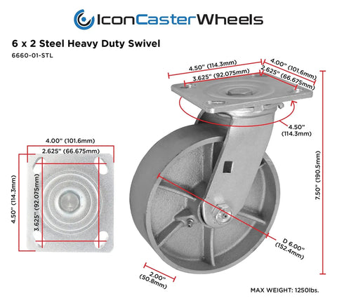 Diagram of Heavy Duty 6 Inch By 2 Inch Steel Caster Wheels Set Of 4 With Swivel Top Plate highlighting dimensions and features.