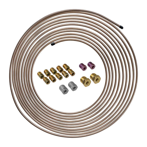 Copper-nickel brake line tubing coil with assorted brass fittings, 3/16 x 25 ft, front view