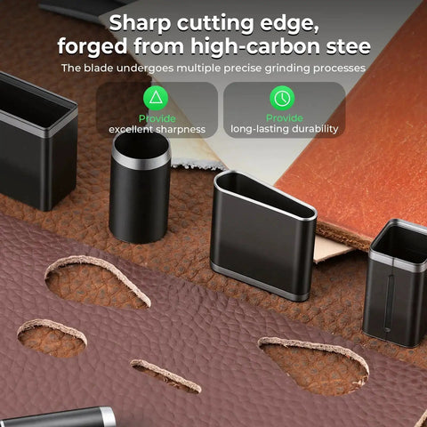 52 Shape Hole Punch Die Set For Leather And Fabric Crafts showing cutting edge and punched leather pieces