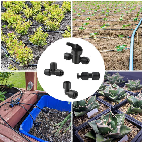 Amazon 44-pc black 1/4" drip irrigation fittings kit with 4 shutoffs, 10 tees, 10 couplings, 10 elbows, 10 end plugs