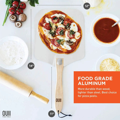 Heavy Duty Aluminum Pizza Peel 12 By 14 Inch With Foldable Wood Handle Extends To 25 Inches For Oven Baking.