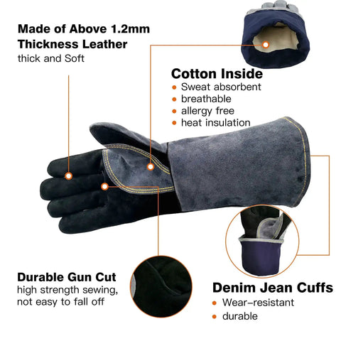 Diagram of 16 Inch Leather Welding Gloves 932F Heat Resistant Large Mitt For BBQ Oven Grill Fireplace TIG MIG Forge Baking Stove