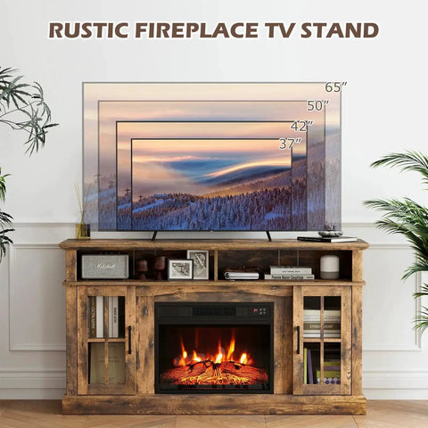 Electric Fireplace TV Stand For 65 Inch TVs With 23 Inch Fireplace Insert in living room setting, brown finish, remote included