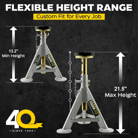 3 Ton Jack Stands Pair With 10 Adjustable Heights And Rust Resistant Post showing min and max height settings.