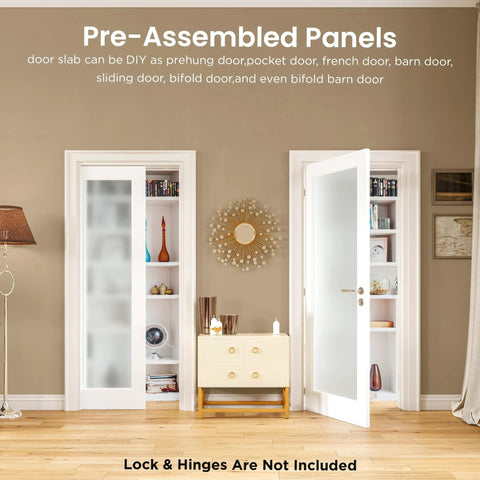 Slab Interior Door For 24 By 80 Opening With Full Lite Tempered Frosted Glass, Solid Core, Preassembled, Premium Baking Paint Finish, White
