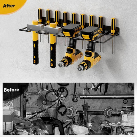 Power Tool Organizer Wall Mount Drill Holder Heavy Duty Garage Storage Rack in use holding tools above cluttered workspace.