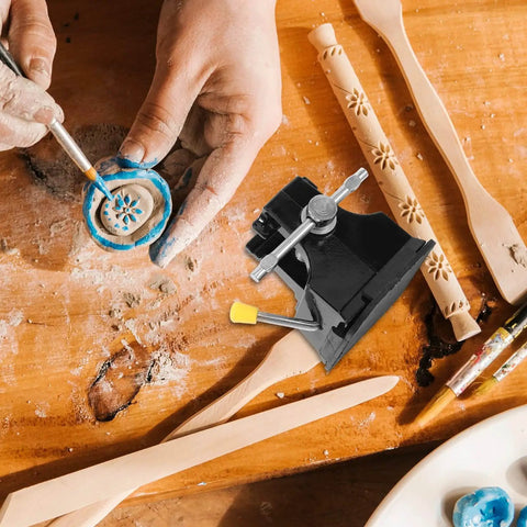 "Go To Mini Table Vise Clamp With Suction Base For Jewelry Making And Model Repair on woodworking bench with tools"
