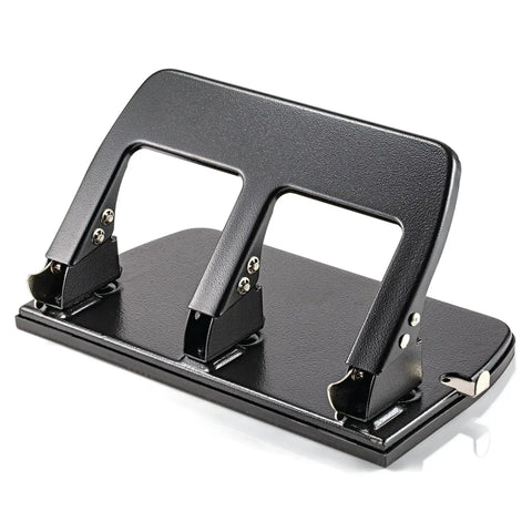 Medium duty black 3 hole punch for home office with 30 sheet capacity, ergonomic soft grip handles, and adjustable paper guide, durable metal base