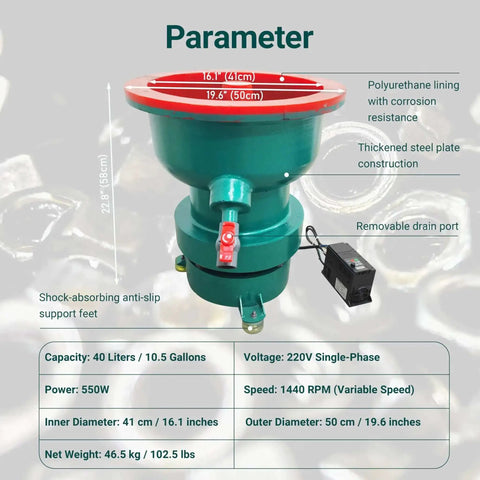 40L Vibratory Finishing Machine With Variable Frequency Drive And 550W Copper Motor Pro Grade Polyurethane Lined Tumbler