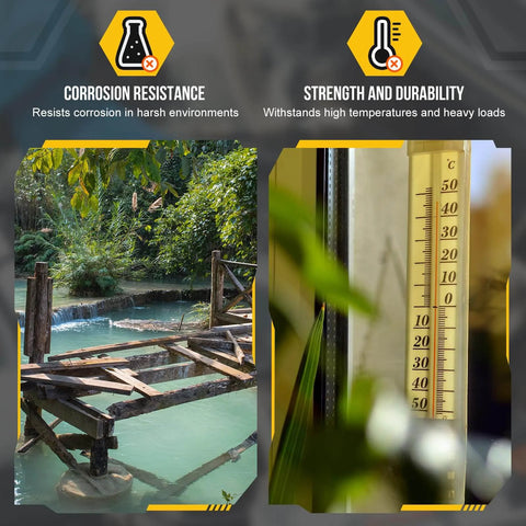 Two images showing a wooden bridge over water and a close-up of a thermometer, illustrating corrosion resistance and strength.