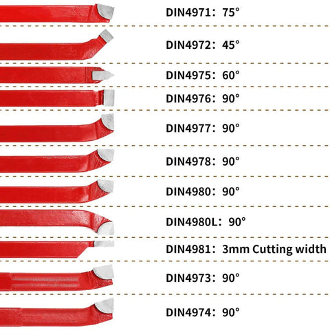 11 Piece Carbide Tip Cutter Bit Set For Metal Lathe Tooling And CNC Lathe Projects, Blade Angles Shown, DIN4971 To DIN4981