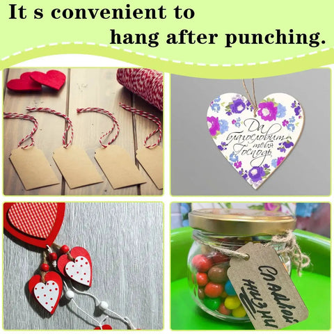 12 Piece Mini Hole Punch Set used for crafting gift tags and decorations, showcasing colorful punched tags and hanging crafts.