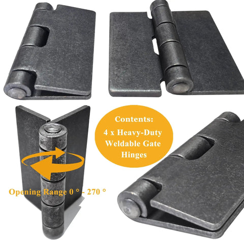 Beefy Heavy Duty Weld On Gate Hinges for Barn Doors and Heavy Gates, 4-1/2 x 4-1/4 Inches, 3/16 Inch Steel, set of 4 displayed