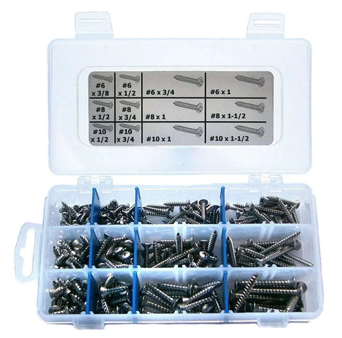 260 Piece Stainless Steel Phillips Oval Head Sheet Metal Screw Set With Size 6, 8, 10 In 18-8 Grade, assorted screws in box