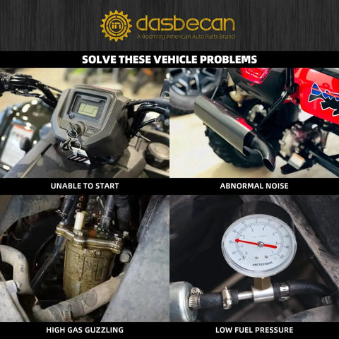 Four images showing vehicle dashboard, exhaust, fuel pump, and pressure gauge with text highlighting common vehicle issues.