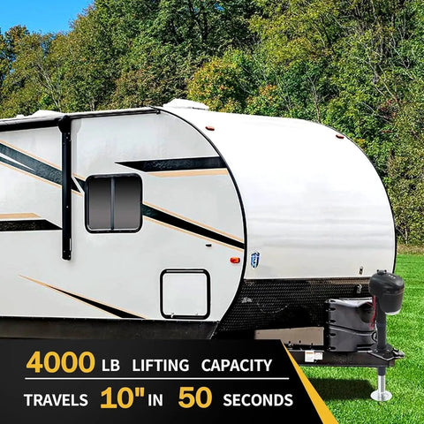 12V Electric RV Tongue Jack With Touchpad Controls 4,000 Lbs Lift 18 In Travel mounted on A-frame trailer