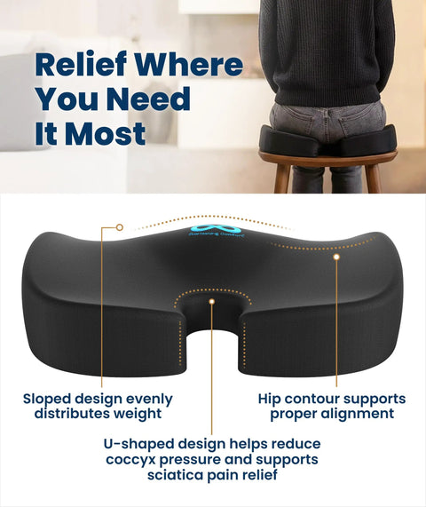 Doctor Recommended Memory Foam Seat Cushion For Office Chairs And Cars, Ergonomic Tailbone Pain Relief, Sciatica Support shown on a chair with design features highlighted.