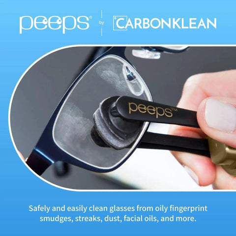Peeps Eyeglass Lens Cleaner Carbon Microfiber NASA Safe Dry Clean in use on eyeglasses, showcasing carbon microfiber pads cleaning lens.