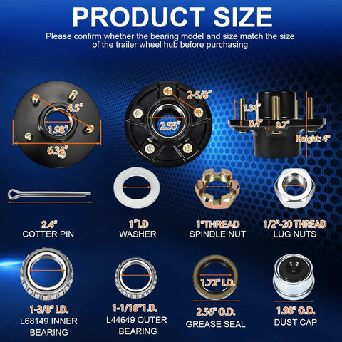 Heavy Duty Trailer Hub Kit For 3500 Pound Axles With 5 On 4.5 Inch Bolt Pattern showing product dimensions, bearings