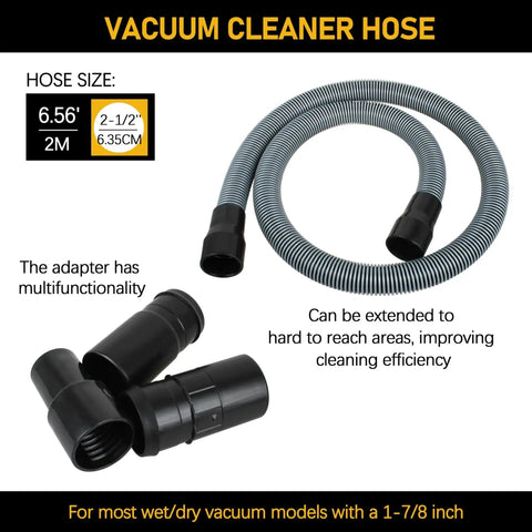 Universal 1 7/8 Inch Vacuum Hose, 7 Foot Replacement for Wet Dry Shop Vacuums, black and gray hose with adapters, coiled view.