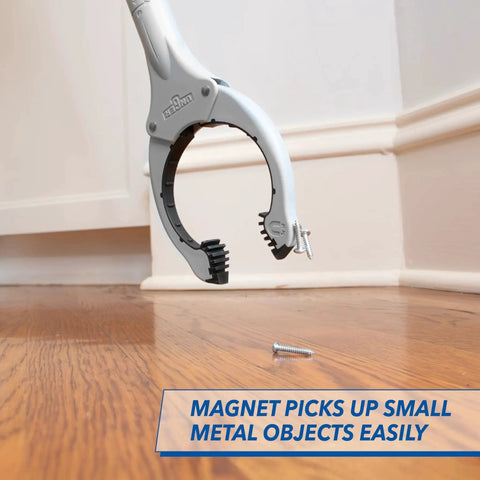 32 Inch Grabber Plus Reacher Tool With Built In Magnet picking up small metal screw from wooden floor