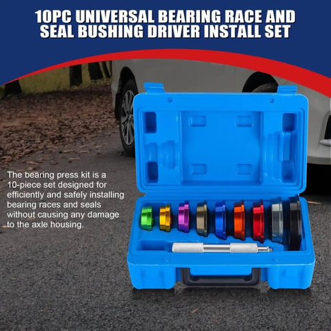 10 Piece Universal Bearing Press Kit with Seal Bushing Drivers and 9 Adapters in blue storage case on ground by car