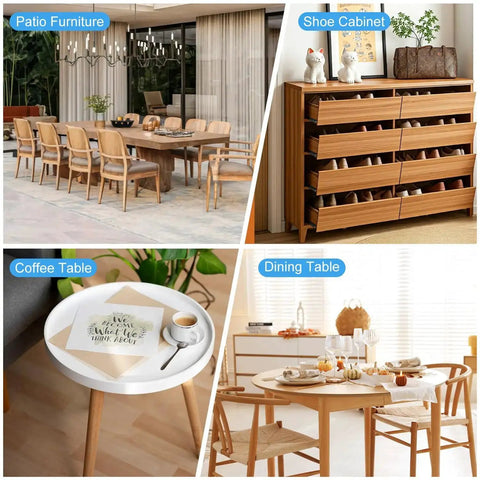 Collage of various furniture: a patio dining set, shoe cabinet with drawers, modern coffee table, and a stylish dining table.
