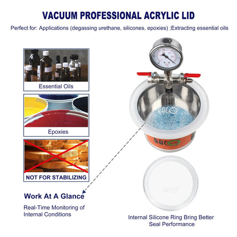 2-qt BACOENG stainless steel vacuum degassing chamber with acrylic lid, gauge, and red valve handles for resins.