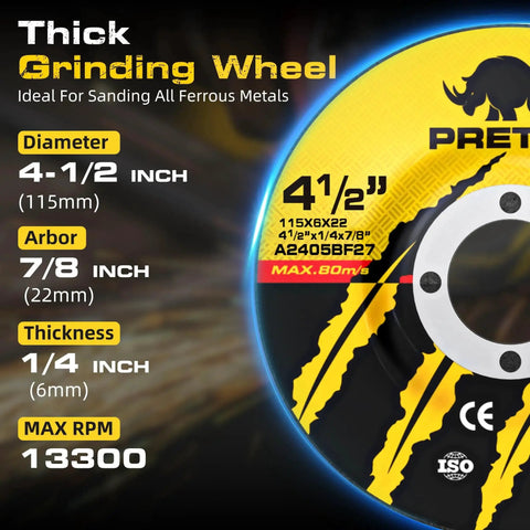 4.5 inch grinding wheel for sanding metal, with diameter, arbor, thickness, and max RPM labeled. Part of All In One Pro Grade 26 Piece Angle Grinder Disc Set.