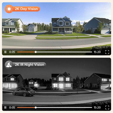 2K HD Battery Wireless Doorbell Camera with Ring Chime showing day and night vision in a neighborhood view