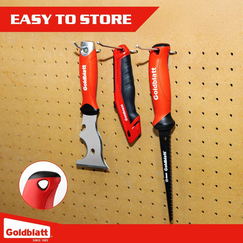 Six Inch Drywall Saw With Bi Metal Blade And Soft Grip Handle For Fast Cutting Of Wallboard And Sheetrock displayed on a pegboard.