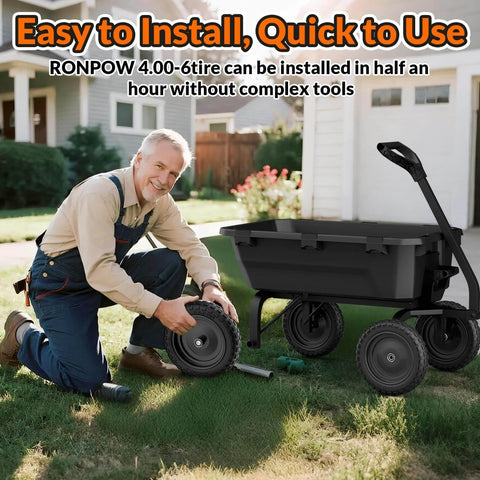 Man installing Flat Free Tire And Wheel Set 4.00-6 For Garden Cart, Wheelbarrow, And Hand Truck, 13 Inch Solid Wheel