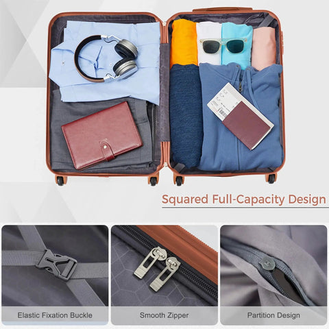 Open suitcase showing full-capacity design with clothes and accessories, part of Tough As Nails 3 Piece ABS Hardside Luggage Set With Spinner Wheels Lightweight Yet Durable Carry On 20 Inch Suitcase Plus Medium And Large Suitcases Scratch Resistant Exterior Smooth Rolling Travel Bags For Weekenders And Domestic Trips.