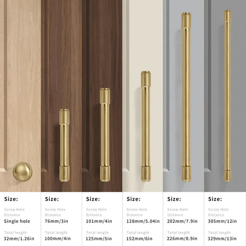 Various sizes of gold-colored cabinet and drawer pulls displayed on doors, showing different lengths and screw hole distances.