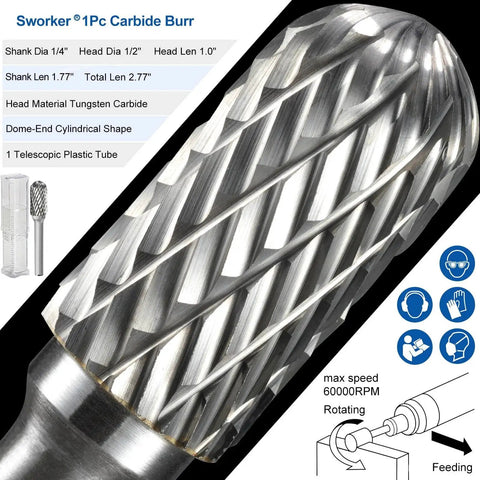 Carbide Burr Set With One Quarter Inch Shank And Half Inch Dome End Cylinder Head For Die Grinders And Rotary Tools close-up