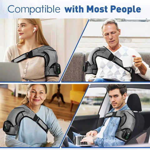 Men and women wearing cordless shoulder heating pad with heat and vibration, portable massager for pain relief, showing adjustable fit