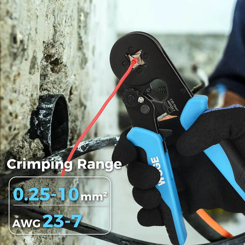 Self-Adjusting Ratchet Ferrule Crimping Tool Kit For AWG 23 To 7 Wires with Ergonomic Handles in use crimping wire