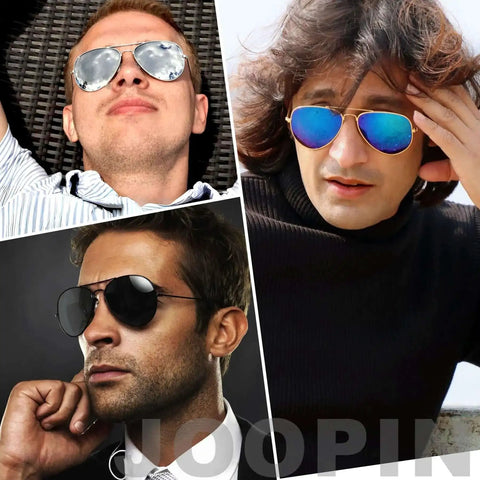 Collage of men wearing polarized aviation sunnies with UV protection, retro black frame and silver mirror lenses, blue fashion shades.
