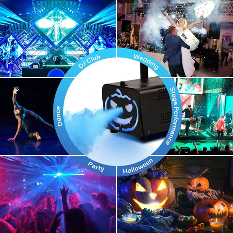 Collage featuring uses of a 500W Fog Machine With 9 LED Lights And 12 Color Effects for Halloween, weddings, parties, and stages.