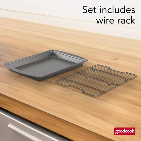 Nonstick 15 X 10.5 Inch Baking Pan with Raised Wire Rack for crispy bacon, chicken and fries, shown on countertop