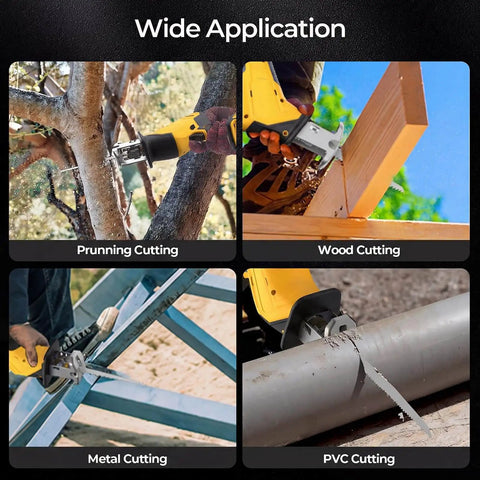 Cordless Reciprocating Saw With Brushless Motor Compatible With 20V Max Batteries No Battery Included Sawzall For Wood Metal PVC Cutting 4 Blades Included Powerful Yet Lightweight For DIY Enthusiasts demonstrating pruning, wood, metal, and PVC cutting applications