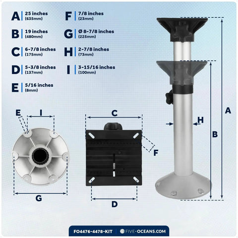 Five Oceans adjustable boat seat pedestal and slide kit; marine-grade aluminum, 19–25 in height, locking slide.