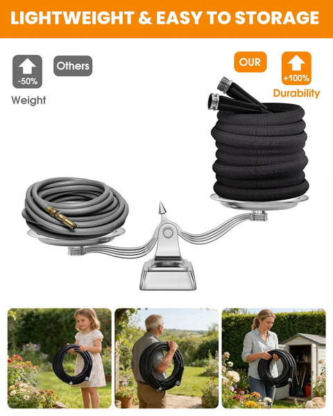 100 ft garden hose on a chrome balance scale; grey left hose, black right hose, Amazon Lawn & Patio brand