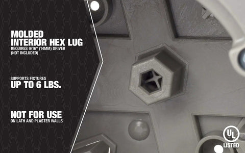 Close-up of Smart Box Shark Tooth Fixture And Ceiling Electrical Box with hex lug, supports up to 6 lbs, UL listed.