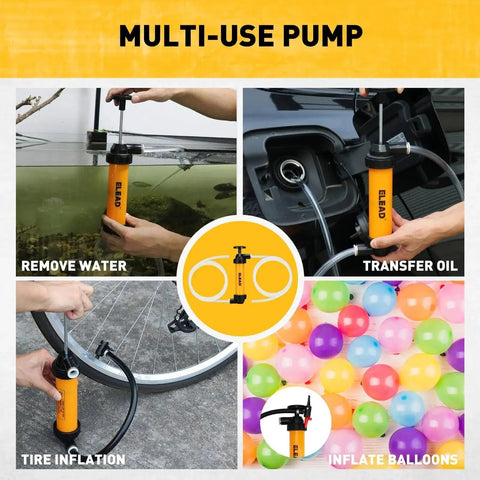 Gas Siphon Pump Multi Use Fuel Transfer Tool With Inflator Hose Needle Valve shown in various uses: water removal, oil transfer, tire inflation, balloon inflating.
